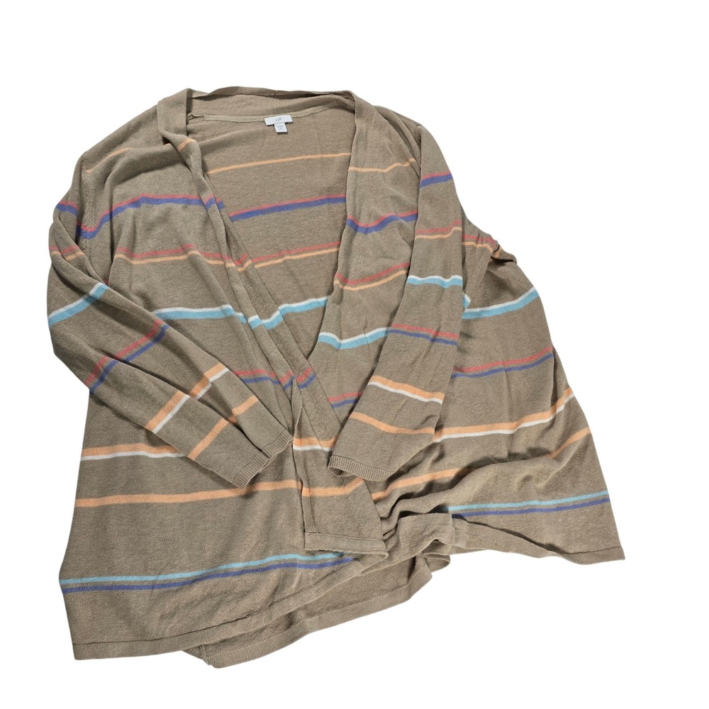 J. Jill Womens XL Petite Tan Striped Linen Blend Open Front Cardigan Sweater